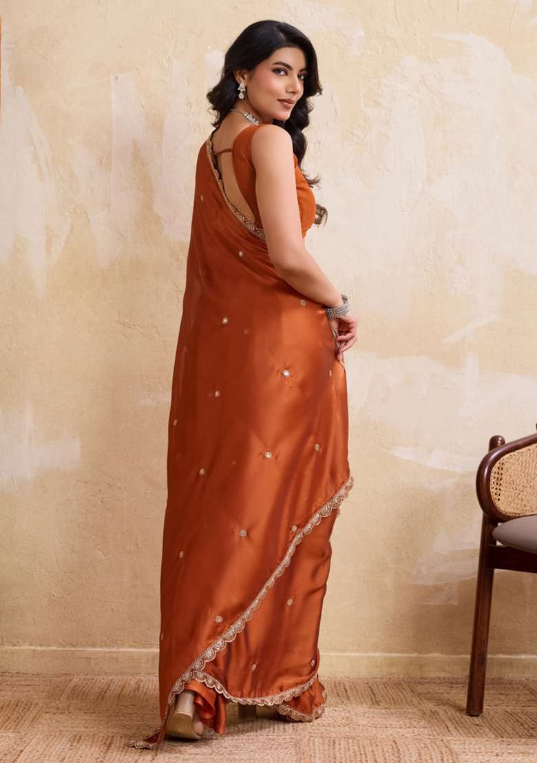 Rust Orange Silk Blend Saree Set with Embroidered for Diwali | Wedding & Festive Wear - Indya