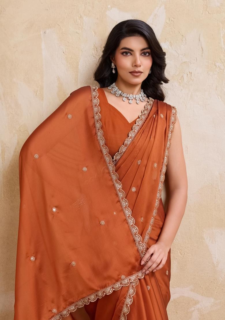Rust Orange Embroidered Silk Saree Set - Indya