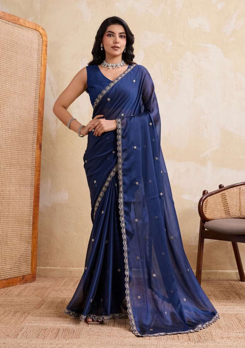 Navy Blue Embroidered Silk Blend Saree Set for Diwali and Festive Wear - Indya