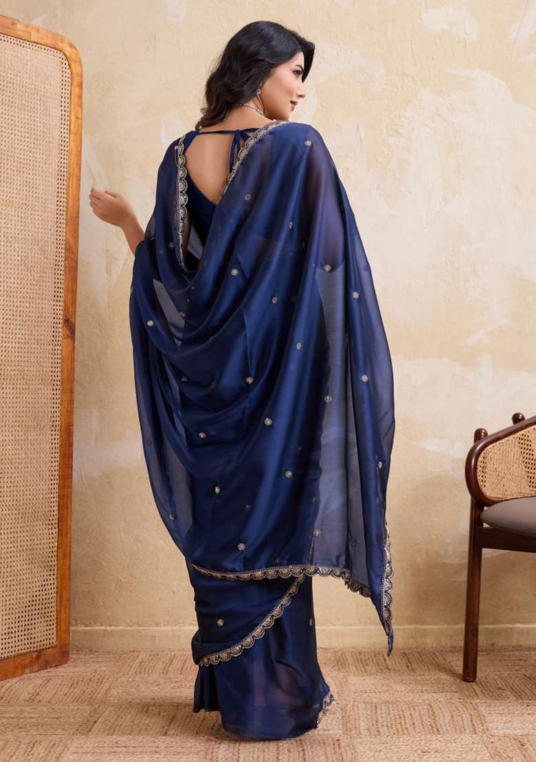 Navy Blue Embroidered Silk Blend Saree Set for Diwali and Festive Wear - Indya