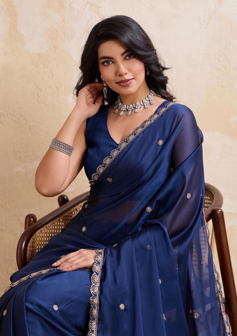 Navy Blue Embroidered Silk Saree Set - Indya