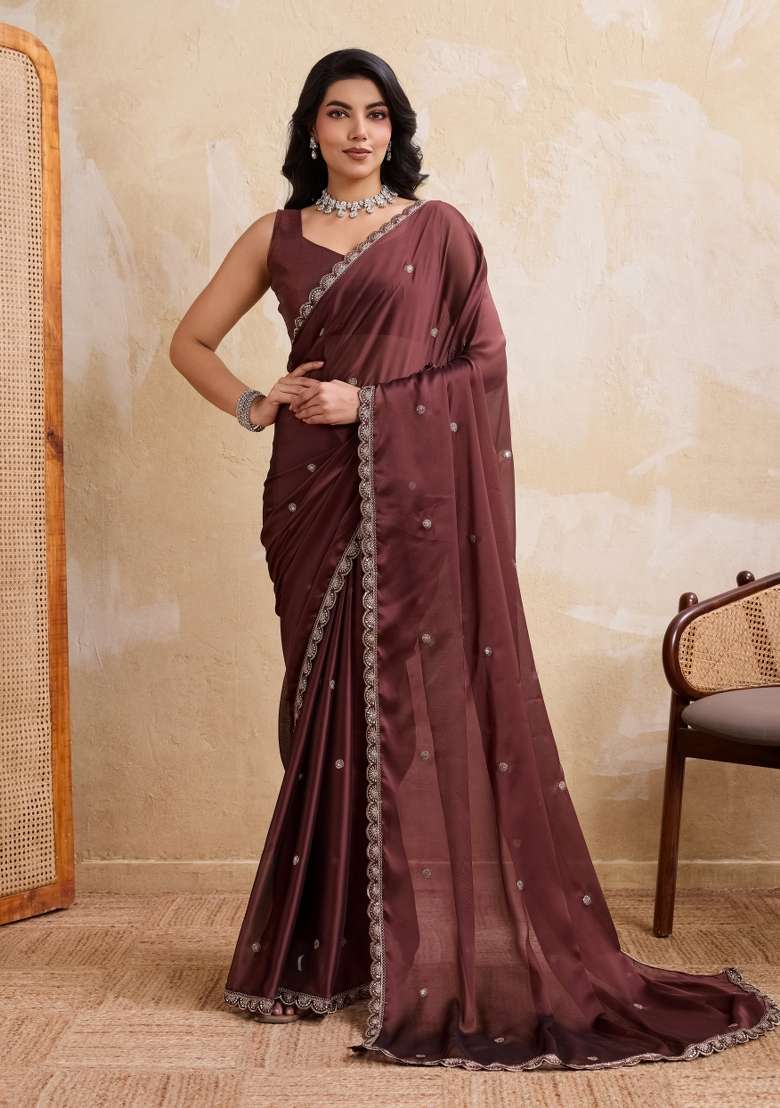 Brown Silk Blend Saree Set with Embroidered for Diwali | Wedding & Festive Wear - Indya