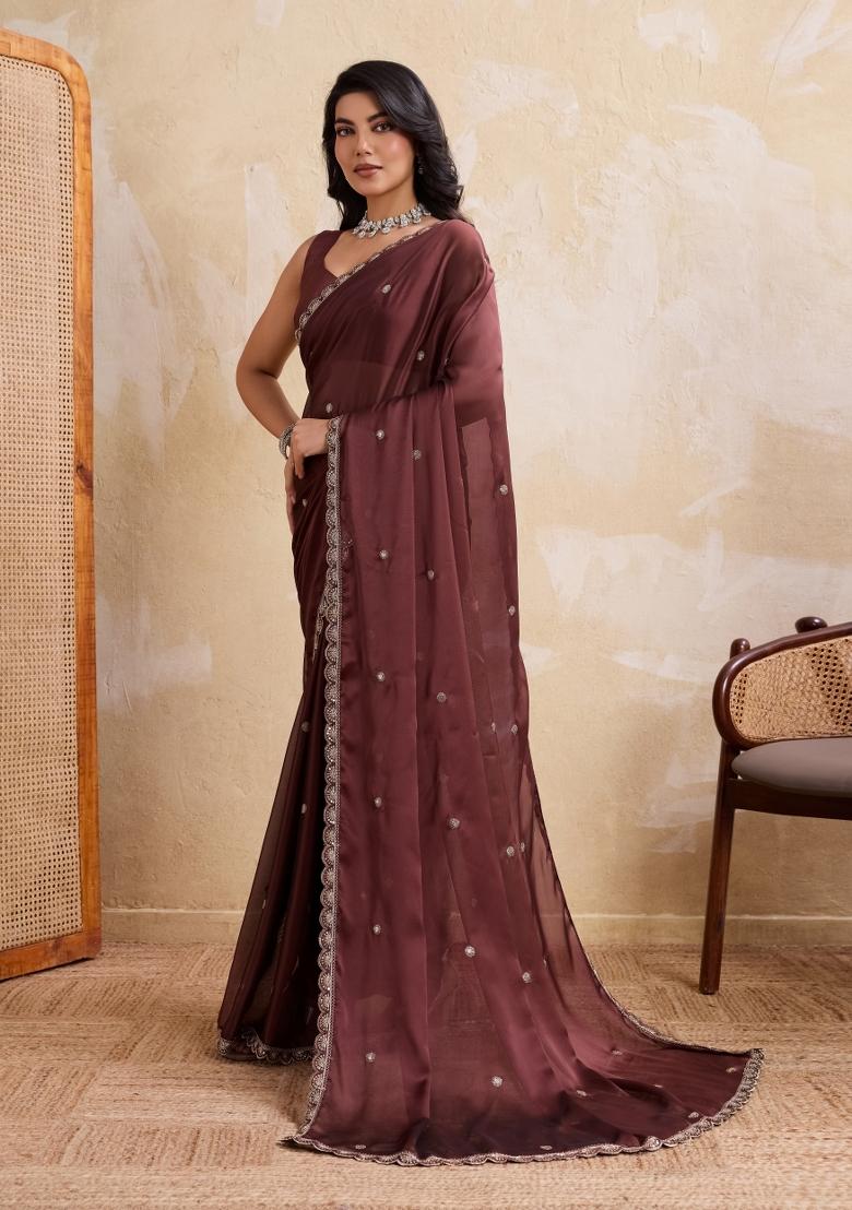 Brown Embroidered Silk Saree Set - Indya