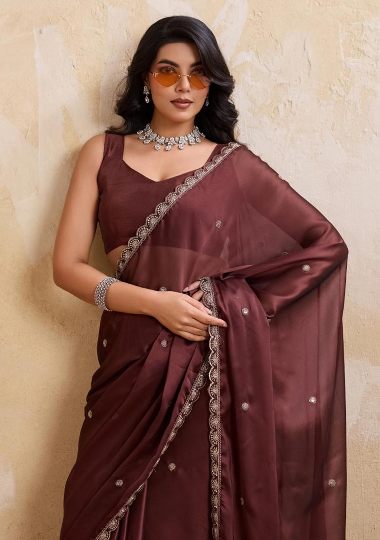Brown Embroidered Silk Saree Set - Indya