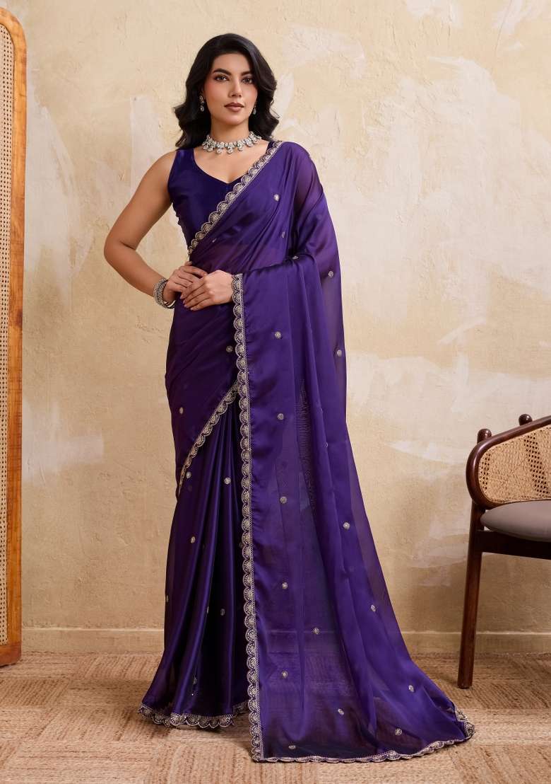 Purple Embroidered Silk Blend Saree Set for Diwali and Festive Wear - Indya