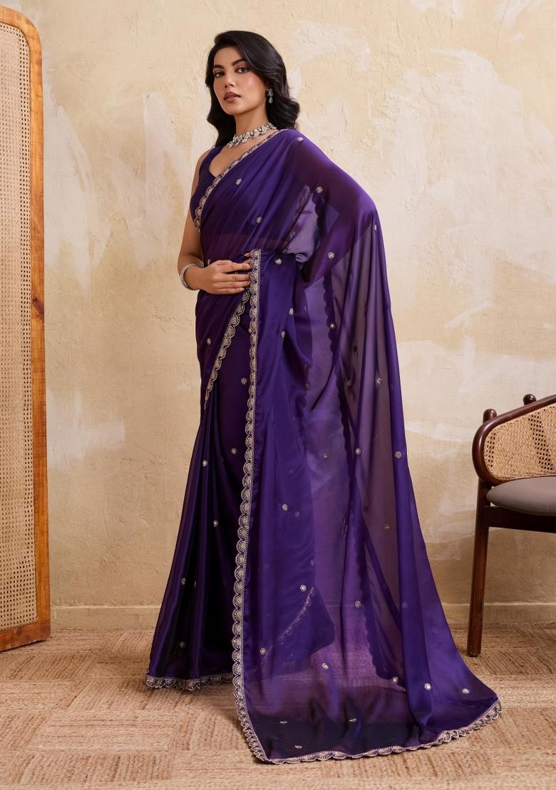 Purple Embroidered Silk Saree Set - Indya