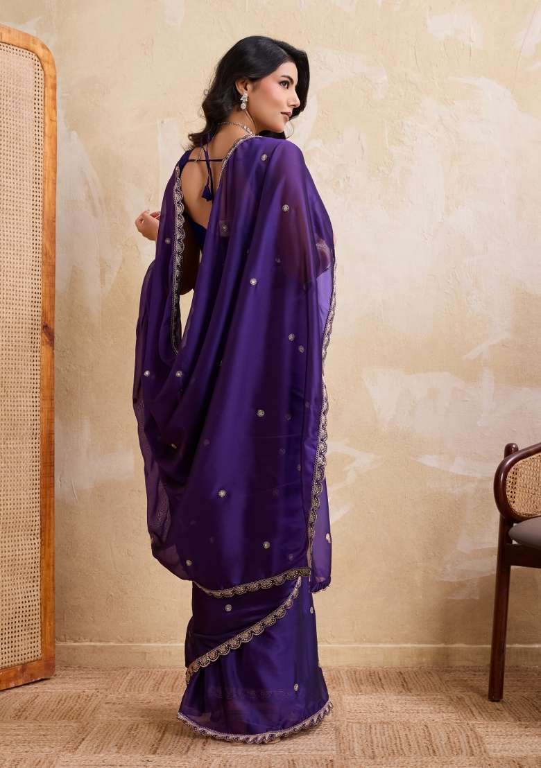 Purple Embroidered Silk Blend Saree Set for Diwali and Festive Wear - Indya
