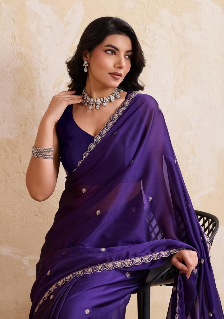 Purple Embroidered Silk Saree Set - Indya
