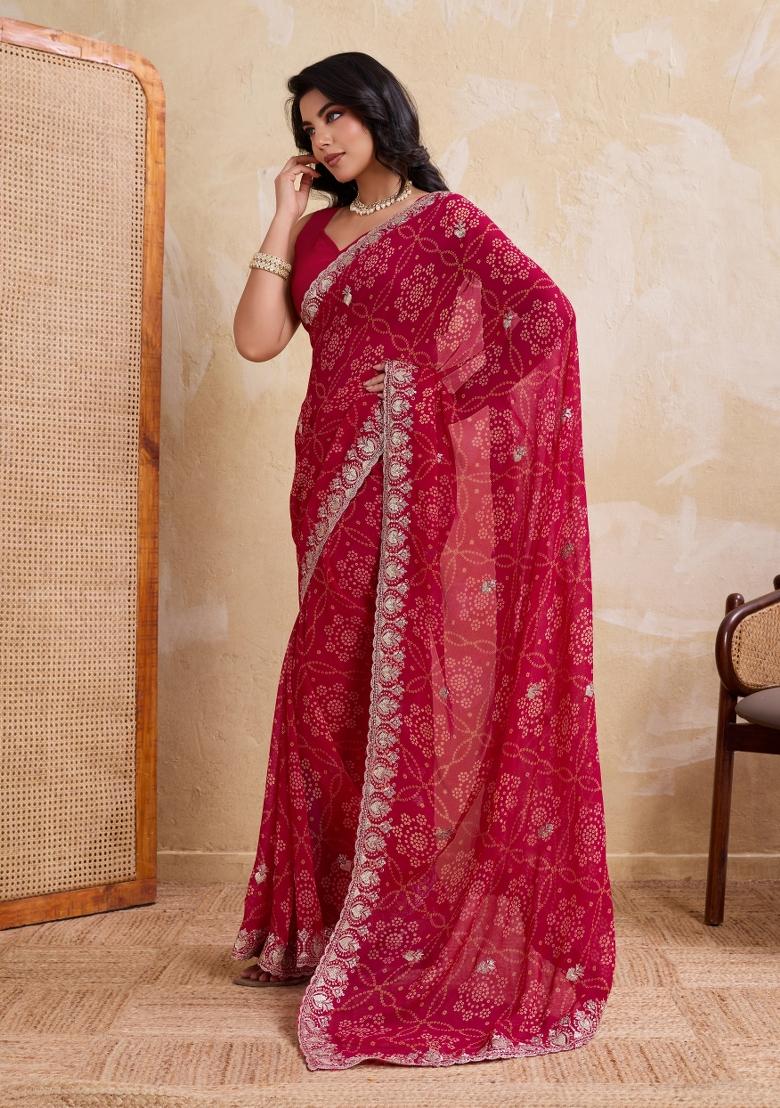Pink Printed Georgette Saree Set - Indya