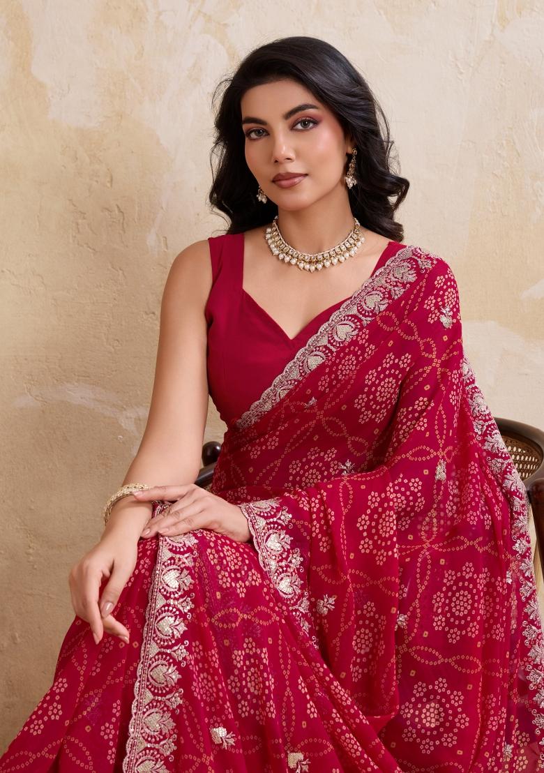 Pink Printed Georgette Saree Set - Indya
