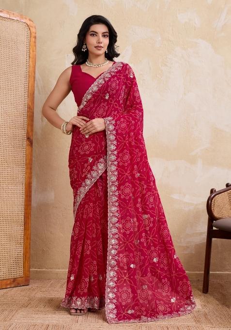 Pink Printed Georgette Saree Set
