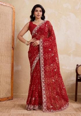 Red Printed Georgette Saree Set
