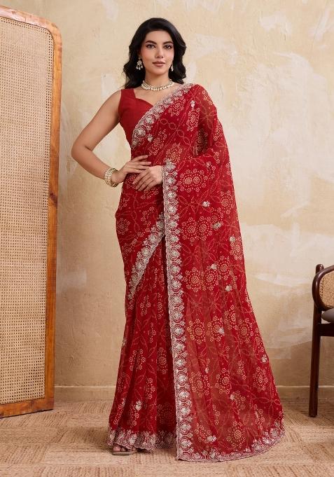 Red Printed Georgette Saree Set