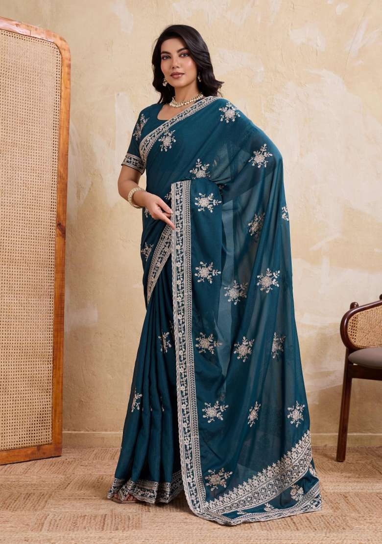 Teal Blue Georgette Saree Set with Embroidered for Diwali | Wedding & Festive Wear - Indya