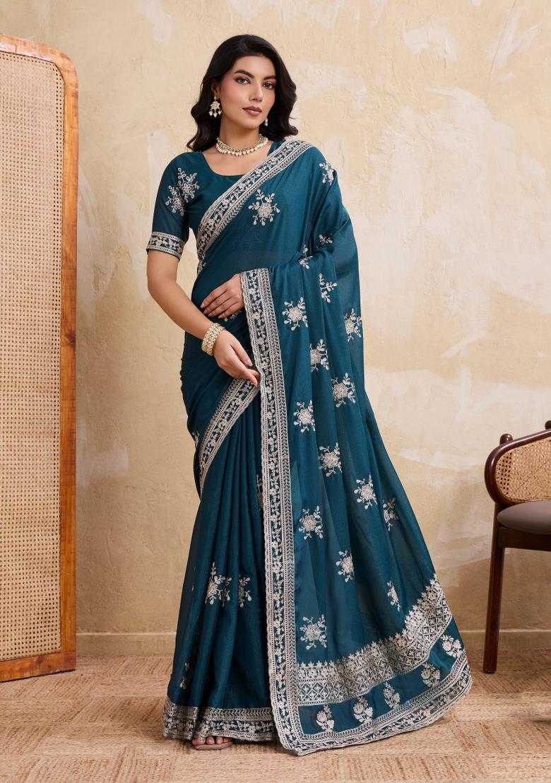 Teal Blue Embroidered Georgette Saree Set - Indya