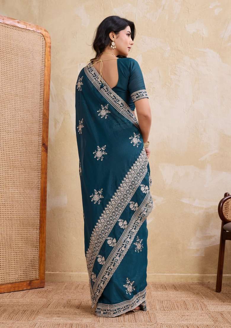 Teal Blue Georgette Saree Set with Embroidered for Diwali | Wedding & Festive Wear - Indya