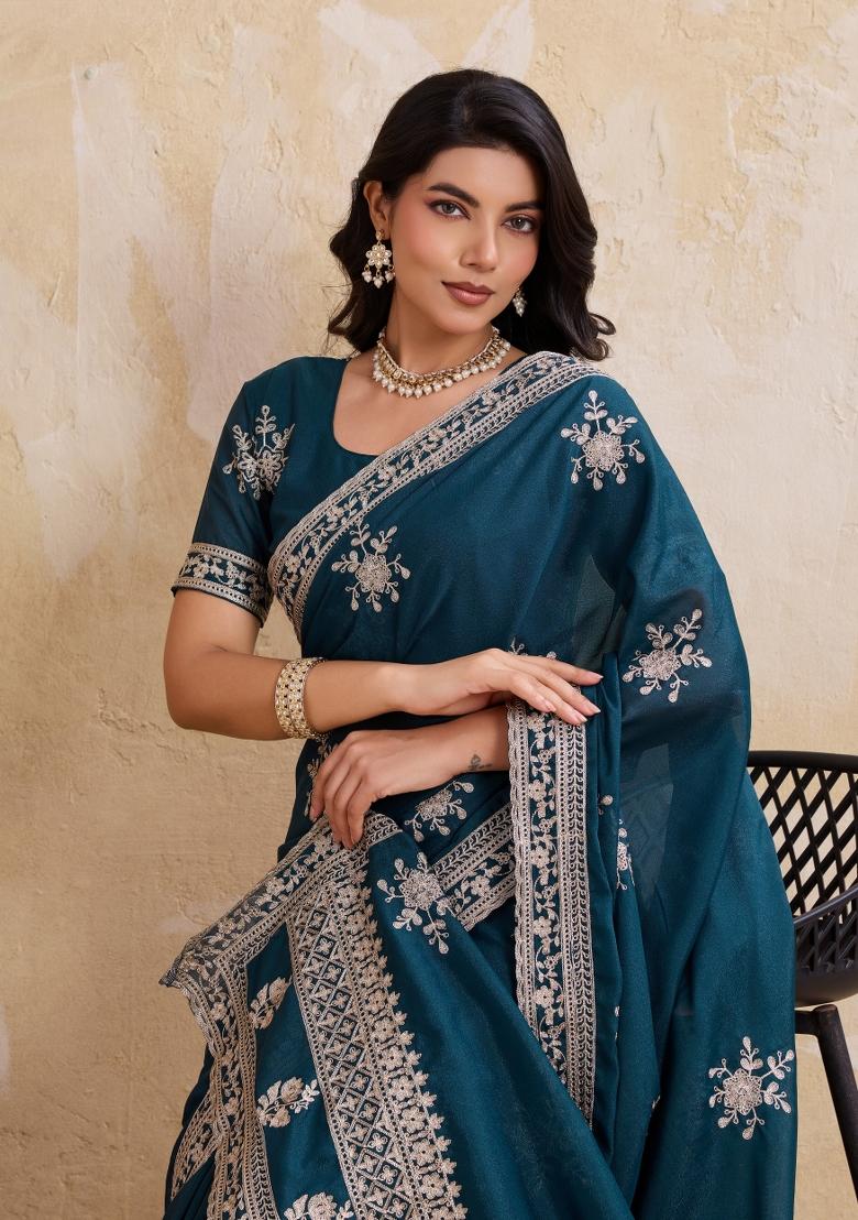 Teal Blue Embroidered Georgette Saree Set - Indya