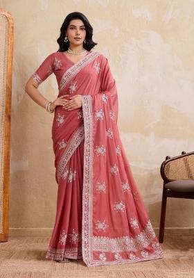 Peach Embroidered Georgette Saree Set