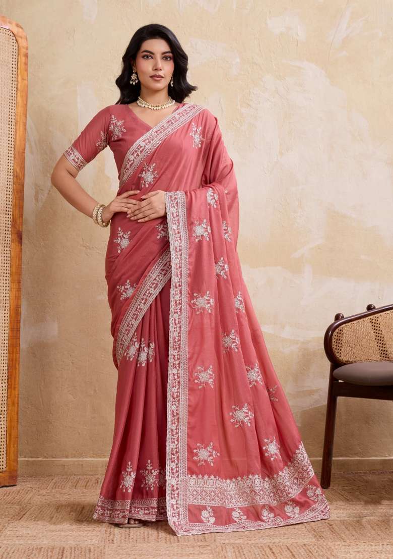 Peach Embroidered Georgette Saree Set for Diwali and Festive Wear - Indya