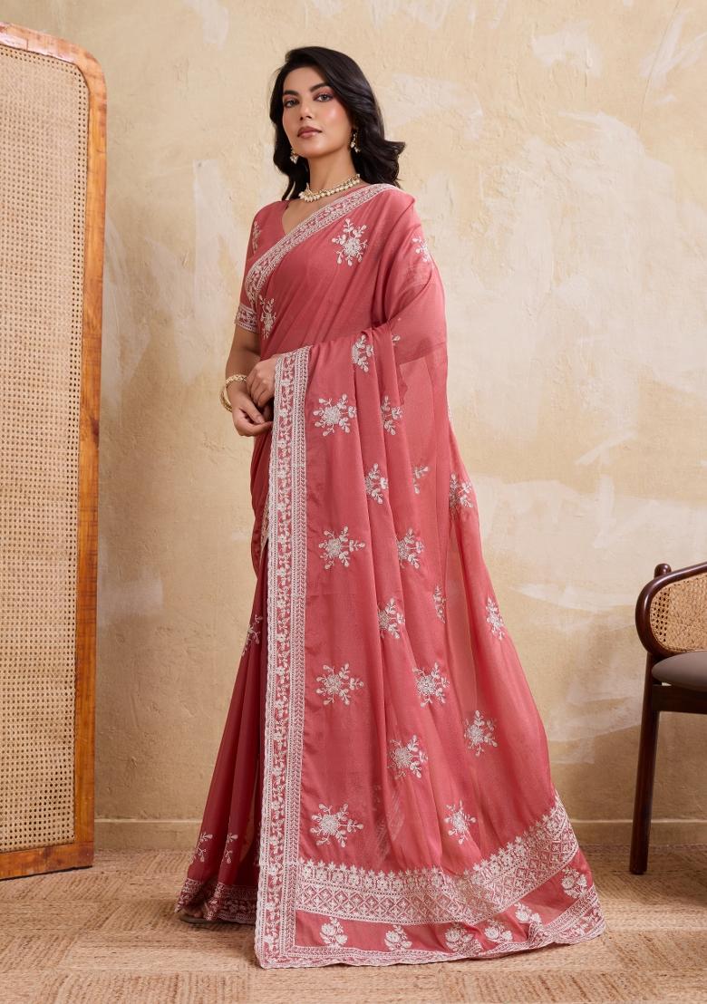 Peach Embroidered Georgette Saree Set - Indya