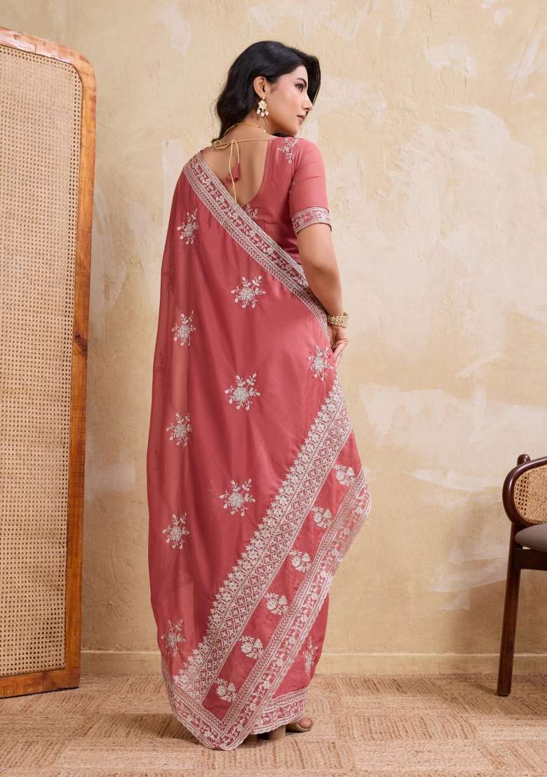 Peach Embroidered Georgette Saree Set for Diwali and Festive Wear - Indya