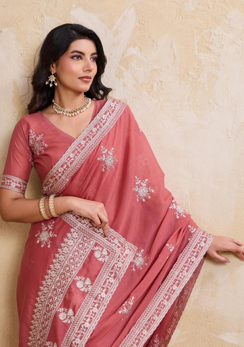 Peach Embroidered Georgette Saree Set - Indya