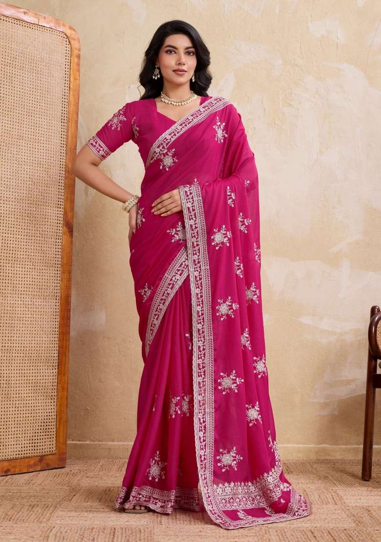Magenta Embroidered Georgette Saree Set for Diwali and Festive Wear - Indya