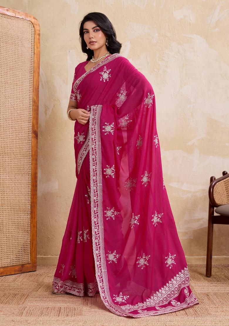 Magenta Embroidered Georgette Saree Set - Indya