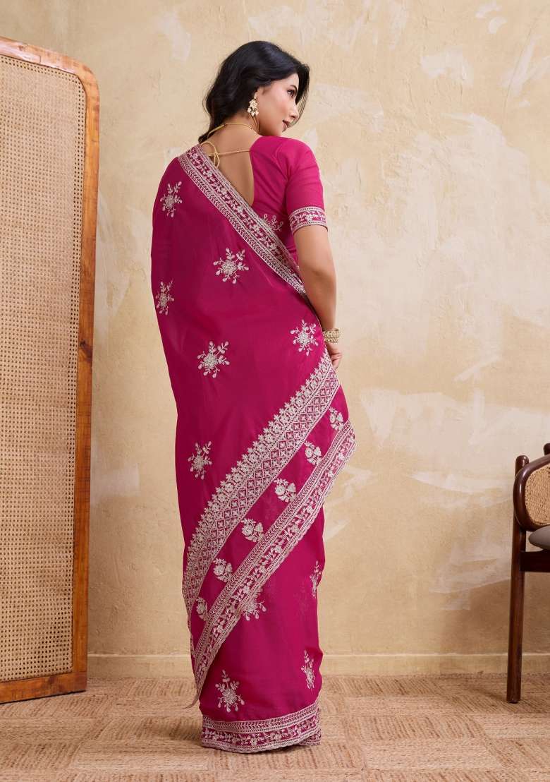 Magenta Embroidered Georgette Saree Set for Diwali and Festive Wear - Indya