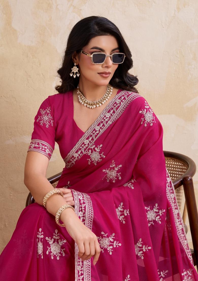 Magenta Embroidered Georgette Saree Set - Indya