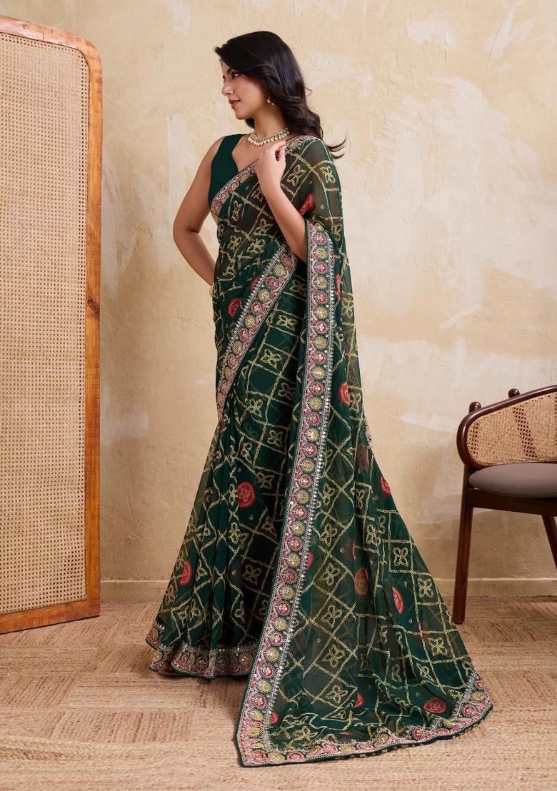 Green Printed Georgette Saree Set - Indya
