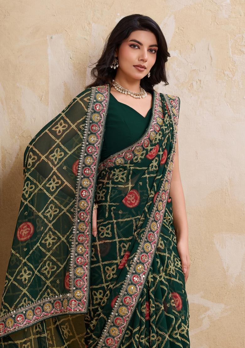 Green Printed Georgette Saree Set - Indya