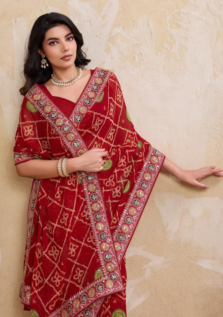 Red Printed Georgette Saree Set - Indya