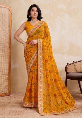 Yellow Printed Georgette Saree Set