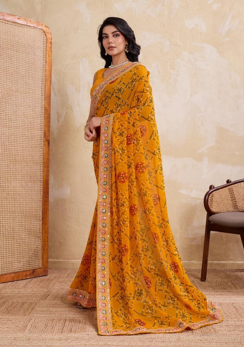 Yellow Printed Georgette Saree Set - Indya