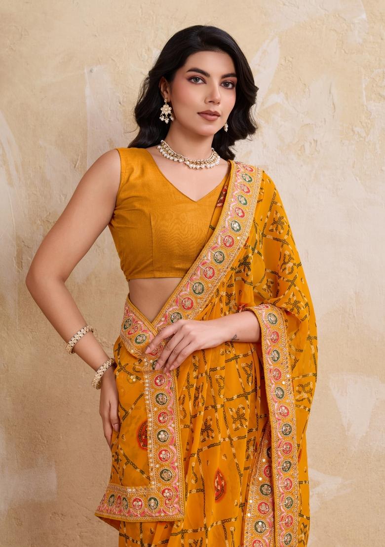 Yellow Printed Georgette Saree Set - Indya