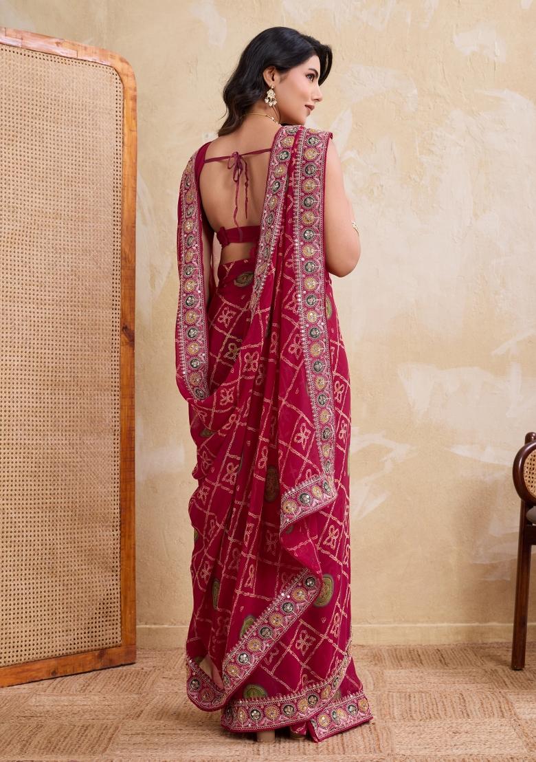 Pink Printed Georgette Saree Set - Indya
