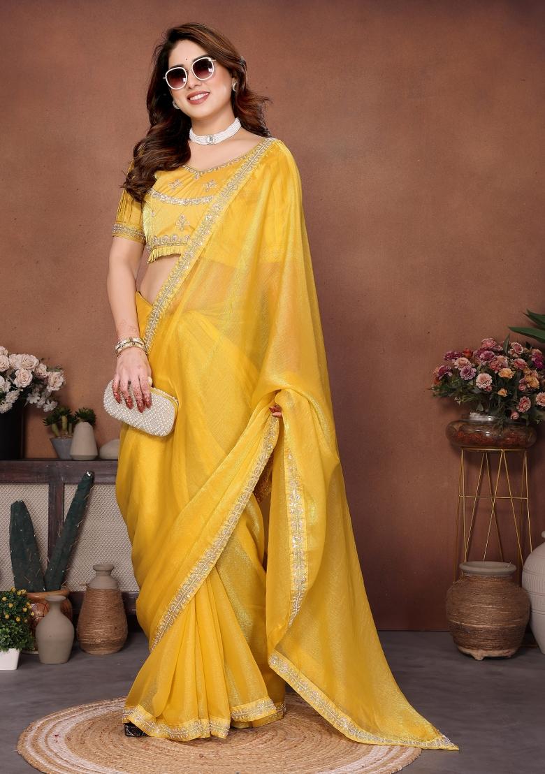 Yellow Embroidered Chiffon Saree Set - Indya