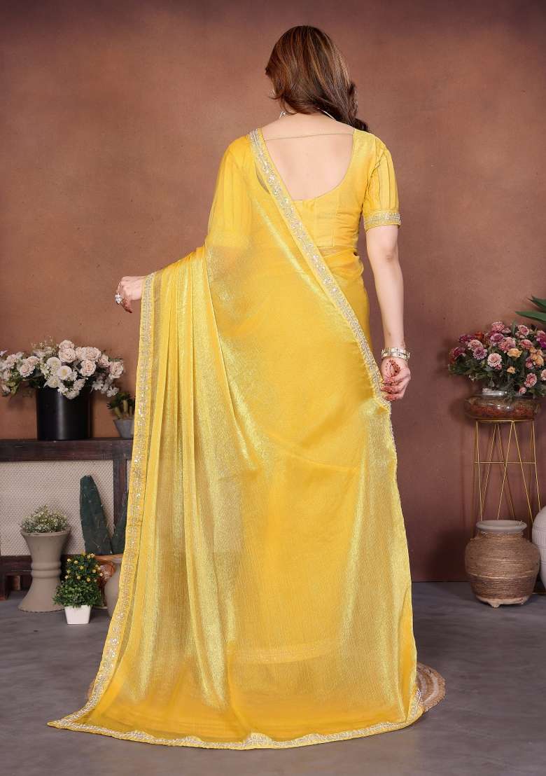 Yellow Embroidered Chiffon Saree Set for Diwali and Festive Wear - Indya
