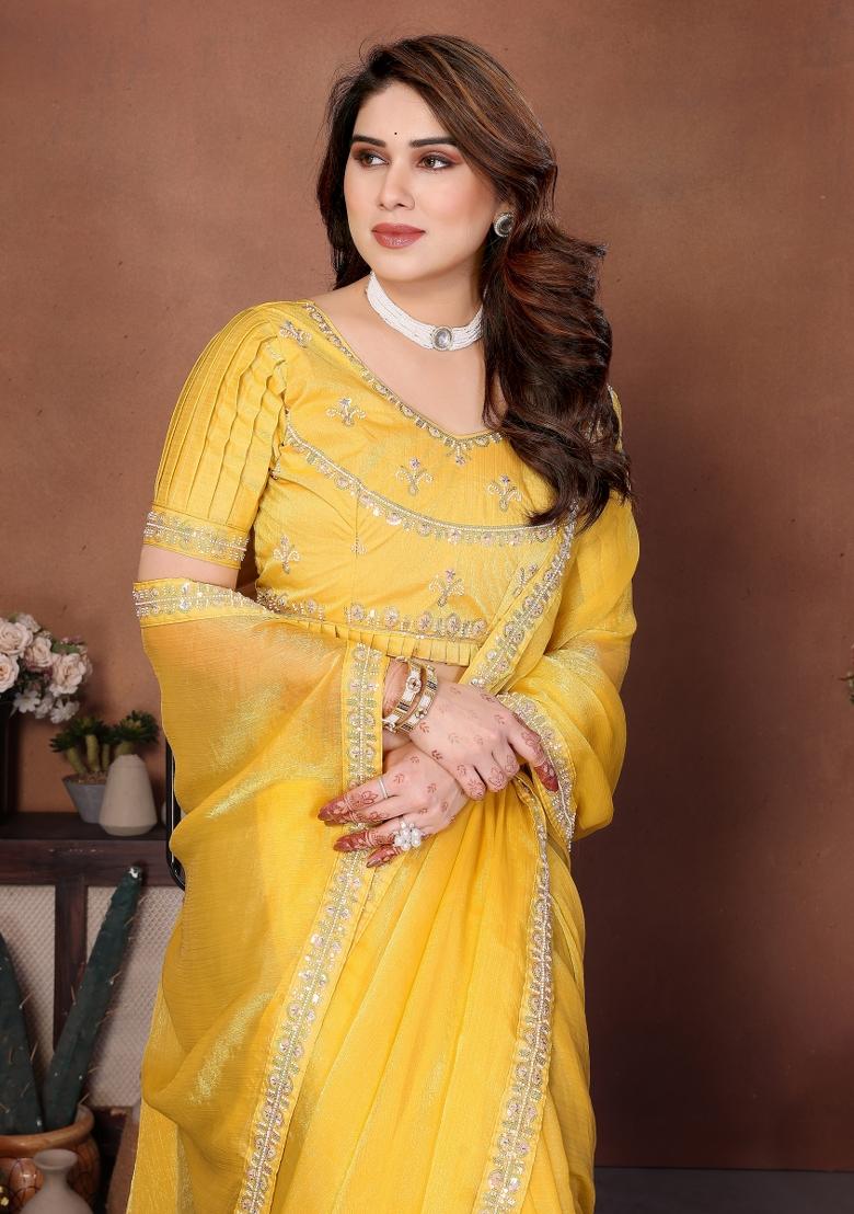 Yellow Embroidered Chiffon Saree Set - Indya
