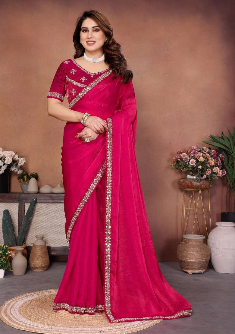 Pink Embroidered Chiffon Saree Set for Diwali and Festive Wear - Indya