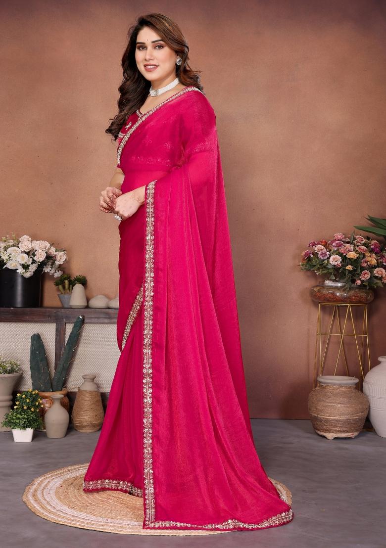 Pink Embroidered Chiffon Saree Set - Indya