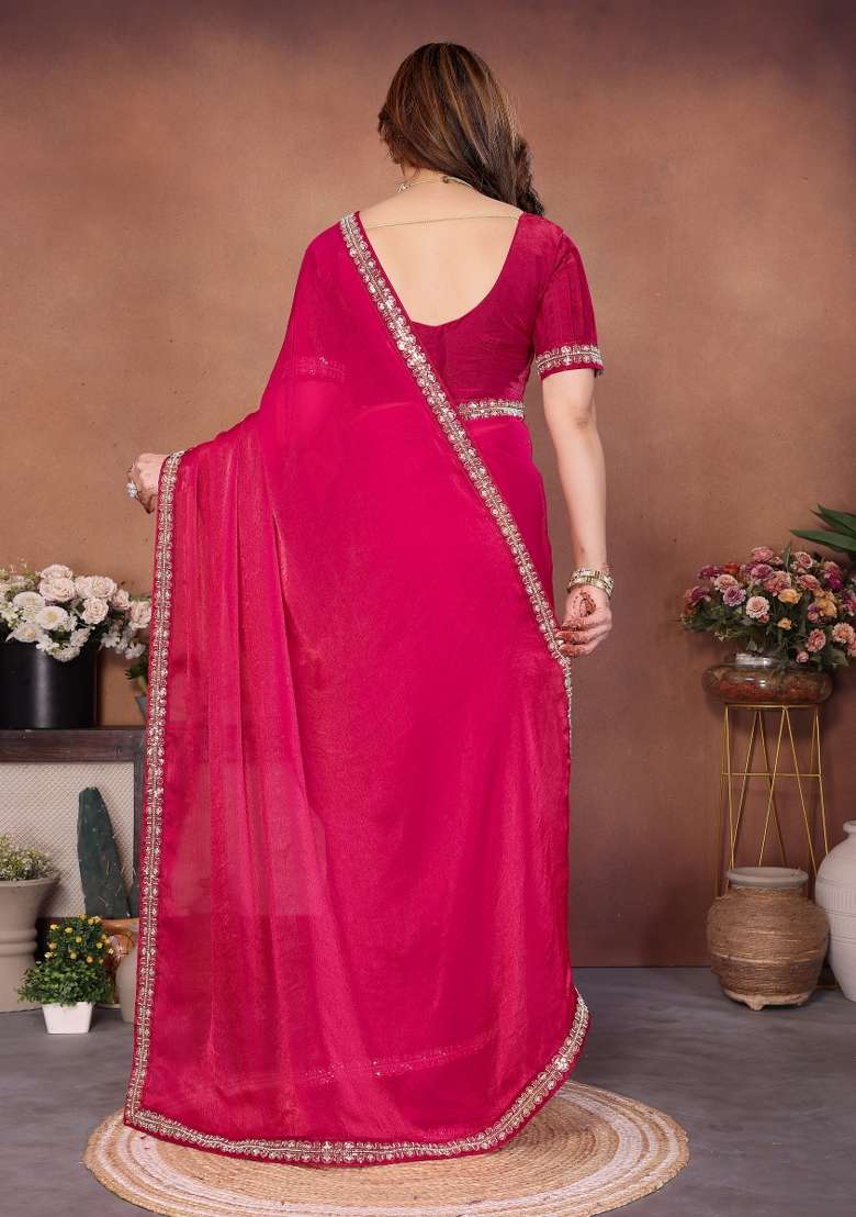 Pink Embroidered Chiffon Saree Set for Diwali and Festive Wear - Indya