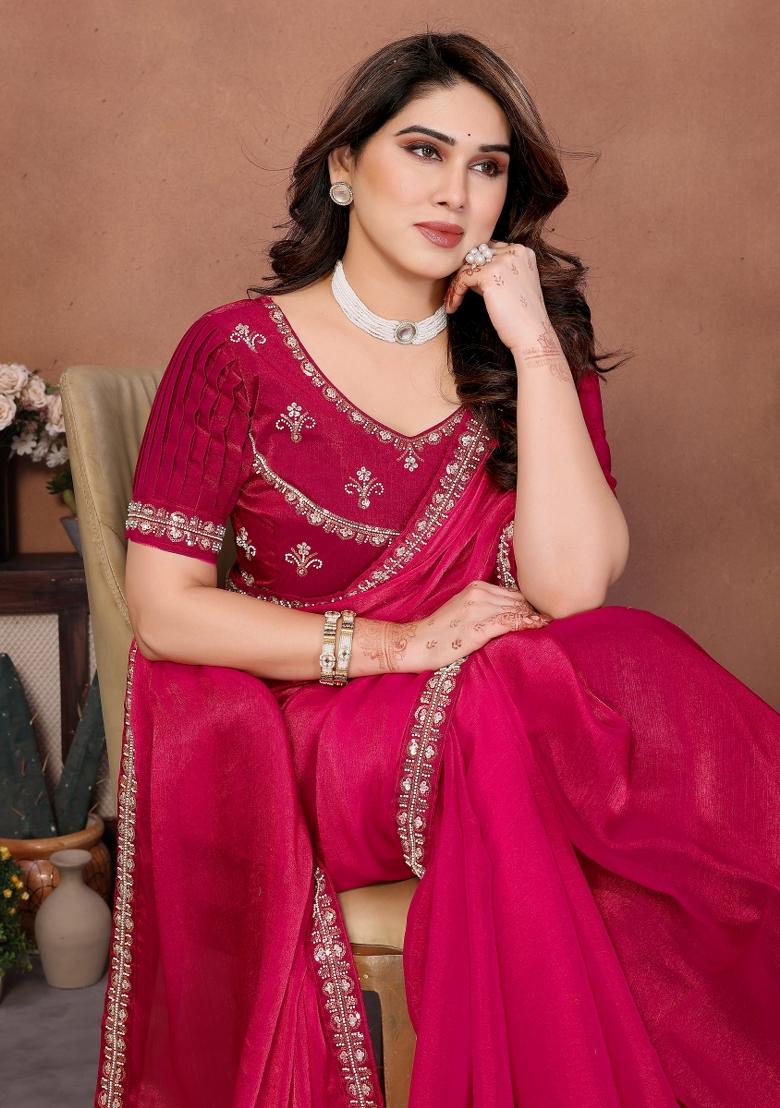 Pink Embroidered Chiffon Saree Set - Indya