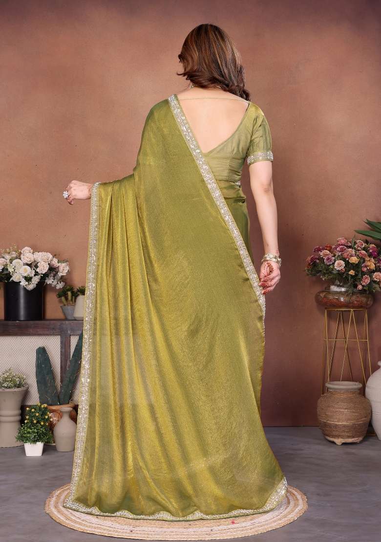 Mehendi Chiffon Saree Set with Embroidered for Diwali | Wedding & Festive Wear - Indya