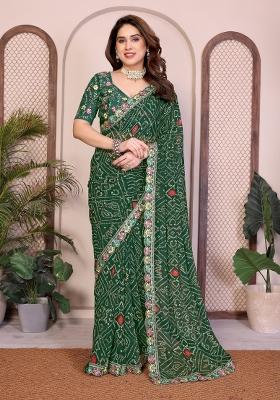 Green Printed Georgette Saree Set