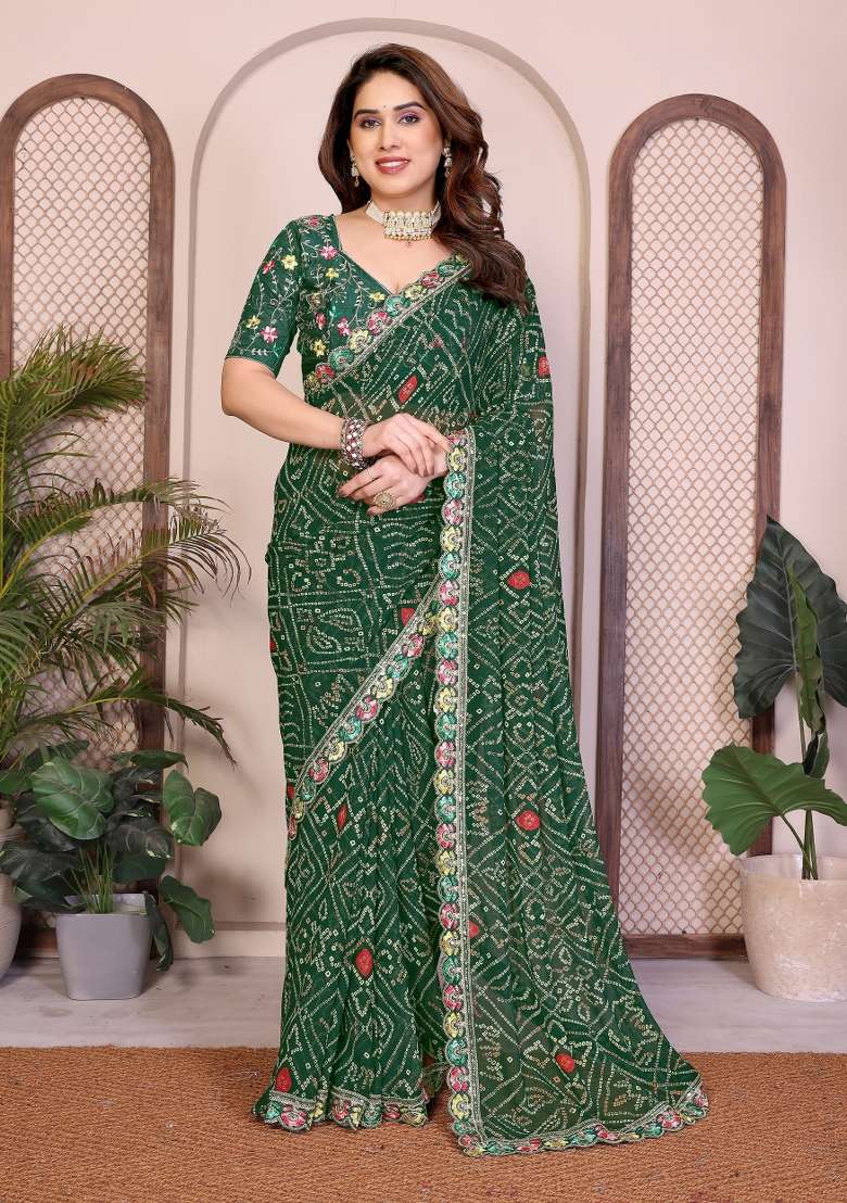 Green Georgette Saree Set with Printed for Diwali | Wedding & Festive Wear - Indya
