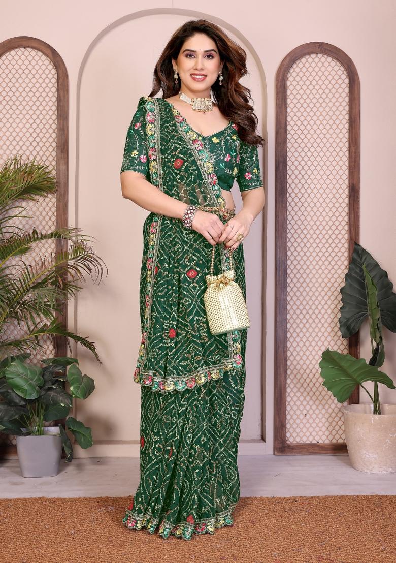 Green Printed Georgette Saree Set - Indya