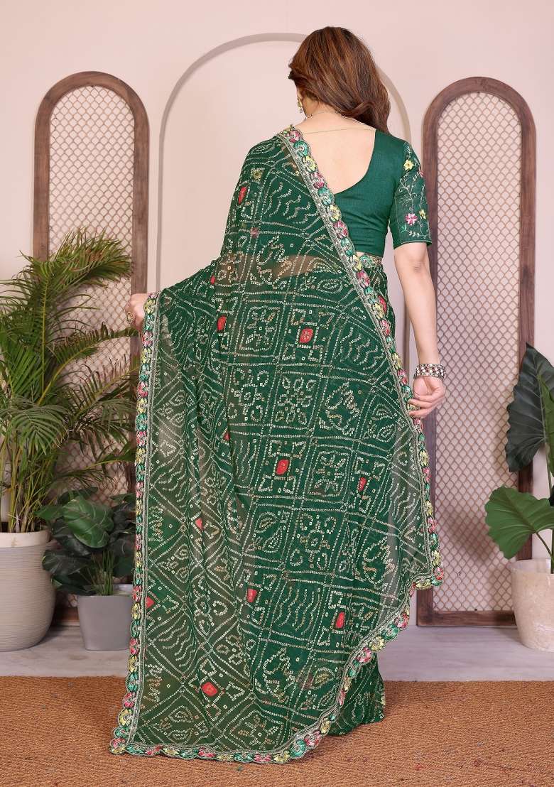 Green Georgette Saree Set with Printed for Diwali | Wedding & Festive Wear - Indya