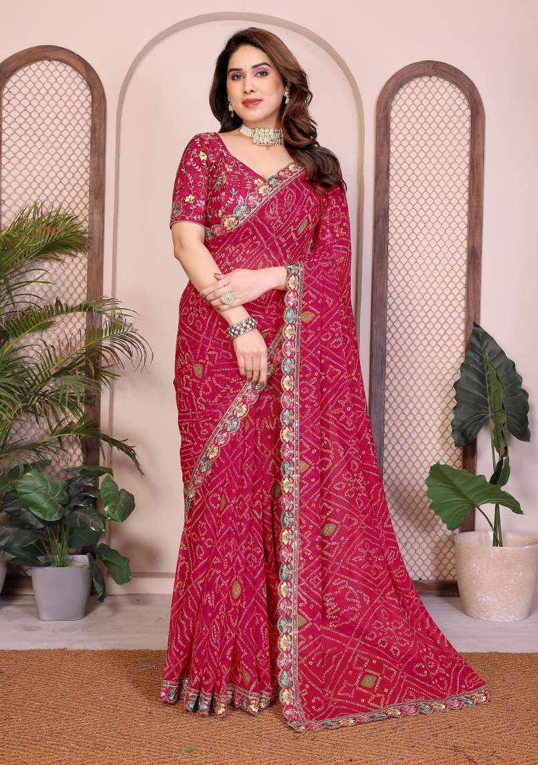 Pink Georgette Saree Set with Printed for Diwali | Wedding & Festive Wear - Indya